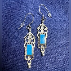 Earrings Vintage Art Deco Victorian 925 Sterling Silver Turquoise Dangle